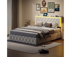 Tweepersoons Opbergbed 160x200 cm | Modern Gasveerbed met LED Verlichting & USB Lader | Fluweel Beige