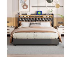 Tweepersoons Opbergbed 180x200 cm met Liftmechanisme en Lattenbodem - Gestoffeerd Grijs Bed met Hoofdeinde