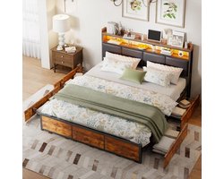 Tweepersoons Opbergbed – Bed Met Laden – Slaapbank – Opbergbed – Led Bed – 140x200 cm – PU Leer Hoofdbord – USB Oplaadpoorten