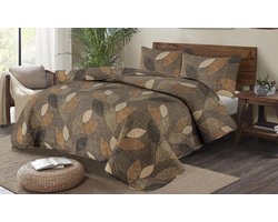 Tweepersoons sprei - Bedsprei - Taupe/Zwart/Bruin/Beige - natuurlijke uitstraling met blaadjes - Bruin/Grijs/zwart/Taupe - 220x260