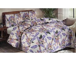 Tweepersoons sprei - paars/roze/grijs/wit - Natuurlijke uitstraling met blaadjes - 220x260