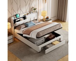 Tweepersoonsbed, 140 x 200 cm - Hydraulisch bed met lades/opbergruimte - Hoofdbord met ledverlichting en USB-poort - Opbergbed/functioneel bed/tienerbed - Lattenbodem - Fluweelstof - Beige (verzonden in 2 pakketten)