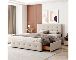 Tweepersoonsbed 140 x 200 cm – met lades – beige – voor moderne slaapkamer – praktisch en ruimtebesparend ontwerp – praktische slaapoplossing voor dagelijks