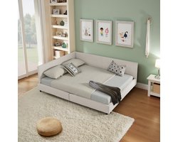 Tweepersoonsbed 140*200 cm met bekleding - zacht, huidvriendelijk fluweel - L-vormig hoekbedframe - robuuste eucalyptus- en ijzeren latten - eenvoudig te monteren - beige (zonder matras)