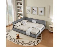 Tweepersoonsbed 140*200 cm met bekleding - zacht, huidvriendelijk fluweel - L-vormig hoekbedframe - robuuste eucalyptus- en ijzeren latten - eenvoudig te monteren - donkergrijs (zonder matras)