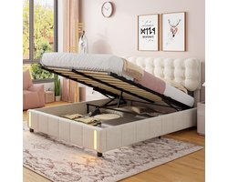 Tweepersoonsbed 140x190 cm – Beige Fluweel – Opbergbed met Gasveer – LED Sensor Verlichting – Luxe Modern Bed met Opbergruimte