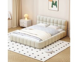 Tweepersoonsbed 140x190 cm, gestoffeerd, bolvormig bed, tienerbed, met gestoffeerd hoofdeinde, matras niet inbegrepen, linnen stof, beige