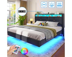Tweepersoonsbed 140x190 cm - Heavy Duty Metalen Bedframe - Gestoffeerd Bed - Jongerenbed - Jeugdbed - Zwevend Design - Met LED Verlichting - Stopcontacten - USB Poorten - Type C - Hoofdbord met Opbergruimte - Donkergrijs Linnen