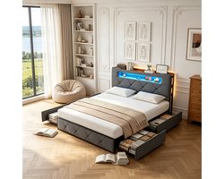 Tweepersoonsbed 140x190 cm met 4 lades, Gestoffeerd bed met LEDverlichting en USB-poort, opbergruimte en lattenbodem, voor volwassenen, fluweel, Grijs