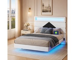 Tweepersoonsbed 140x190 cm met ledverlichting en 2 USB-poorten, Gestoffeerd met lattenbodem en verstelbaar hoofdeinde, bedframe voor 2 personen, fluweel Wit