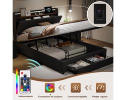Tweepersoonsbed 140x190 cm – Opbergbed met Gasveer, 2 Lades, LED Verlichting & USB, Linnen Donkergrijs