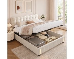 Tweepersoonsbed 140x190 cm - Opbergbed met slimme LED-verlichting met sensor en lattenbodem - Gestoffeerd met dik pluche hoofdbord, metalen bedframe, Fluwelen Beige