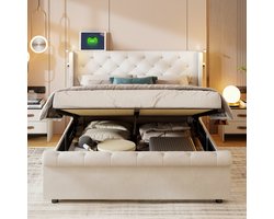 Tweepersoonsbed 140x190cm met USB/LED, hydraulisch opbergbed, continental bed, jeugdbed met lattenbodem en opbergruimte, fluweel