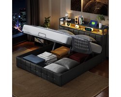Tweepersoonsbed 140x190cm – Zwart PU Leer – Opbergbed met Gasveer, LED Hoofdbord & USB Oplaadpoorten
