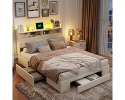 Tweepersoonsbed 140x200 Beige Fluweel – Met 4 Lades, Hoofdbord Opbergruimte, RGB LED & EU Stopcontact – Gestoffeerd Bed