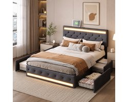 Tweepersoonsbed 140x200 cm, bed met led- en usb-poorten, opbergbed met 4 lades, volwassenenbed met verstelbaar gestoffeerd hoofdeinde, bedframe met lattenbodem, linnen, donkergrijs.