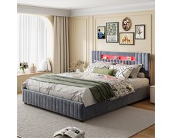 Tweepersoonsbed 140x200 cm, bedombouw met LED-verlichting, lattenbodem en hoofdeinde, bedombouw voor volwassenen, tieners, fluweelgrijs (zonder matras)