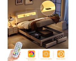 Tweepersoonsbed 140x200 cm – Beige Fluweel – 2 Lade Bed + Hoofdbord Opbergruimte – LED Verlichting & USB Oplaadpunten – Modern Opbergbed