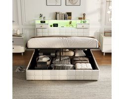 Tweepersoonsbed 140x200 cm Beige Fluweel - Opbergbed met LED, USB/Type-C, Hoofdbord en 2 Lades