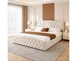 Tweepersoonsbed 140x200 cm - Beige Fluwelen Bedframe met Hydraulische Opbergruimte - Luxe Hoofdbord met Capitonnéring en Siernagels - Ruim Opbergbed