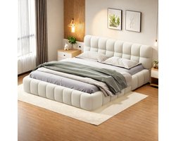 Tweepersoonsbed 140x200 cm – Beige Linnen Bedframe, Gestoffeerd Bed voor Slaapkamer