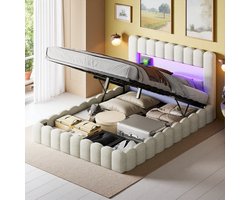 Tweepersoonsbed 140x200 cm Beige – Linnen, Hydraulisch Opbergbed met LED & USB