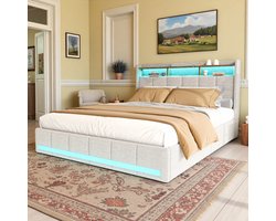 Tweepersoonsbed 140x200 cm Beige – Linnen Opbergbed met 4 Lades, LED & USB/Type-C