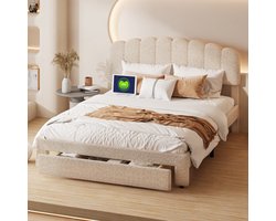 Tweepersoonsbed 140x200 cm beige teddy-pluche met USB-poort en lade aan voeteneinde, comfortabel en stijlvol ontwerp voor moderne slaapkamers