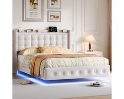 Tweepersoonsbed 140x200 cm – Beige Velours Bed met Hoofdbord met Opbergplank, LED-Verlichting en USB/Type-C