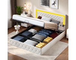 Tweepersoonsbed 140x200 cm, Boxspringbed, fluwelen bed in beige met knoopdesign, hydraulisch opbergruimte en LED-licht