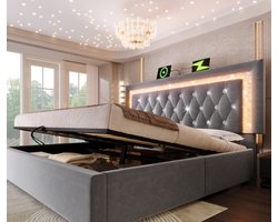 Tweepersoonsbed - 140x200 cm - Gestoffeerd Bed Diamant Led - USB en Berging - Fluweel - Grijs