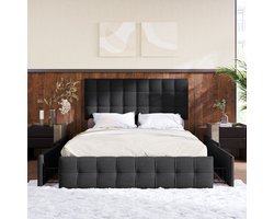 Tweepersoonsbed - 140x200 cm - Gestoffeerd Bed met 4 Lades - Verstelbaar Hoofdbord - Linnen - Zwart