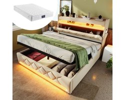 Tweepersoonsbed - 140x200 cm - Gestoffeerd Bed met Led en USB - Inclusief Matras - Linnen - Beige