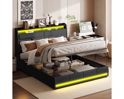 Tweepersoonsbed 140x200 cm – Gestoffeerd Bed met LED, Hydraulische Opbergruimte, Inclusief Lattenbodem, Zwart PU