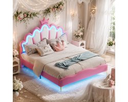 Tweepersoonsbed 140x200 cm, Gestoffeerd bed met ledverlichting, verstelbaar kroonvormig hoofdeinde, Prinsessen bed met lattenbodem, PU-leer Roze
