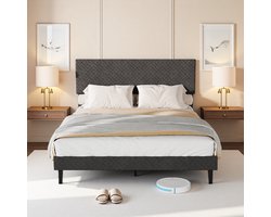 Tweepersoonsbed 140x200 cm – Gestoffeerd Bedframe met Geometrisch Hoofdbord – Grijs Linnen – Stevig en Comfortabel
