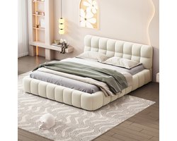 Tweepersoonsbed 140x200 cm, gestoffeerd, bolvormig bed, tienerbed, met gestoffeerd hoofdeinde, matras niet inbegrepen, linnen stof, beige