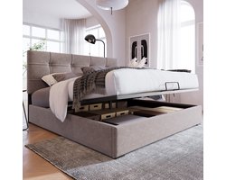 Tweepersoonsbed 140x200 cm - Gestoffeerd Hydraulisch Bed Met Verstelbaar Hoofdbord En Opbergruimte - Fluweel - Lichtgrijs - Zonder matras