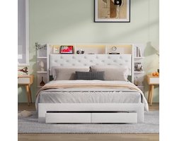 Tweepersoonsbed 140x200 cm - gestoffeerd - met ledverlichting, USB-poort en opbergruimte