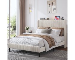 Tweepersoonsbed 140x200 cm - Gestoffeerd platformbedframe van 140x200 cm met stoffen hoofdbord, vleugelranddesign/antislip en geluidsarm/metalen lattenbodem/geen boxspring