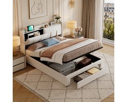 Tweepersoonsbed 140x200 cm, hydraulisch bed met opberglade, Gestoffeerd met USB-aansluiting en ledverlichting, volwassenenbed met lattenbodem, 2-persoonsbed met Opbergruimte in het hoofdbord, Fluweel, Beige
