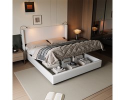 Tweepersoonsbed 140x200 cm – Hydraulisch Opbergbed met 2 Leeslampen & USB-Aansluiting, Modern Design,Wit Corduroy