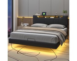 Tweepersoonsbed 140x200 cm – Hydraulisch Opbergbed met LED, USB & Type-C, Verstelbaar Hoofdbord, Zwart, PU