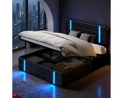 Tweepersoonsbed 140x200 cm in Zwart PU met LED, USB, Lattenbodem en Opbergruimte, Jeugd- & Slaapkamerbed