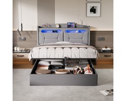 Tweepersoonsbed 140x200 cm Lichtgrijs met LED-hoofdbord, USB, Opbergruimte en Gasveren