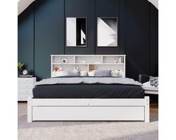 Tweepersoonsbed 140x200 cm - Massief Bed Met Lades En Lattenbodem En Boekenkast - Hout - Wit - Zonder matras