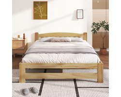 Tweepersoonsbed - 140x200 cm - Massief Houten Futonbed - Met Hoofdbord en Lattenbodem - Hout - Natuur