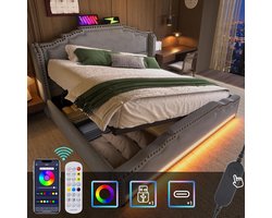 Tweepersoonsbed 140x200 cm – Medahomestore Velours Luxe Bed met Hydraulische Opbergruimte, LED Sfeerverlichting, Vintage Hoofdeinde met Klinknagels – Grijs – Queen Bed – Duurzaam & Stijlvol