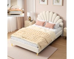 Tweepersoonsbed 140x200 cm, meisjesbed met in hoogte verstelbaar, bloemvormig hoofdeinde, gestoffeerd voor kinderen, meisjes en tieners, lattenbodem, fluweel Beige