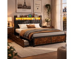 Tweepersoonsbed 140x200 cm, met 2 lades, opbergruimte, gestoffeerd bed met USB-poort en LED-hoofdbord, tweepersoons metalen bedframe met lattenbodem, vintage bruinZwart
